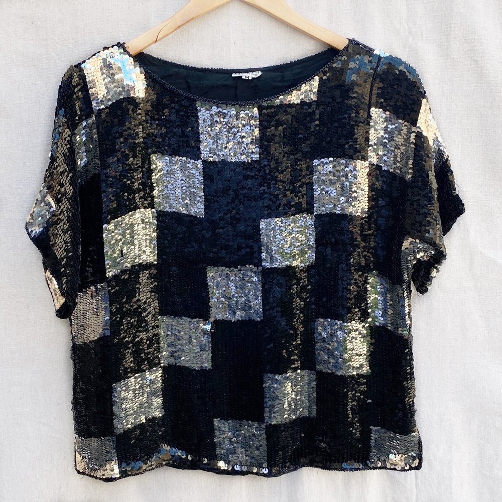 Glitter Sequin Checkered Party Top Silver Black